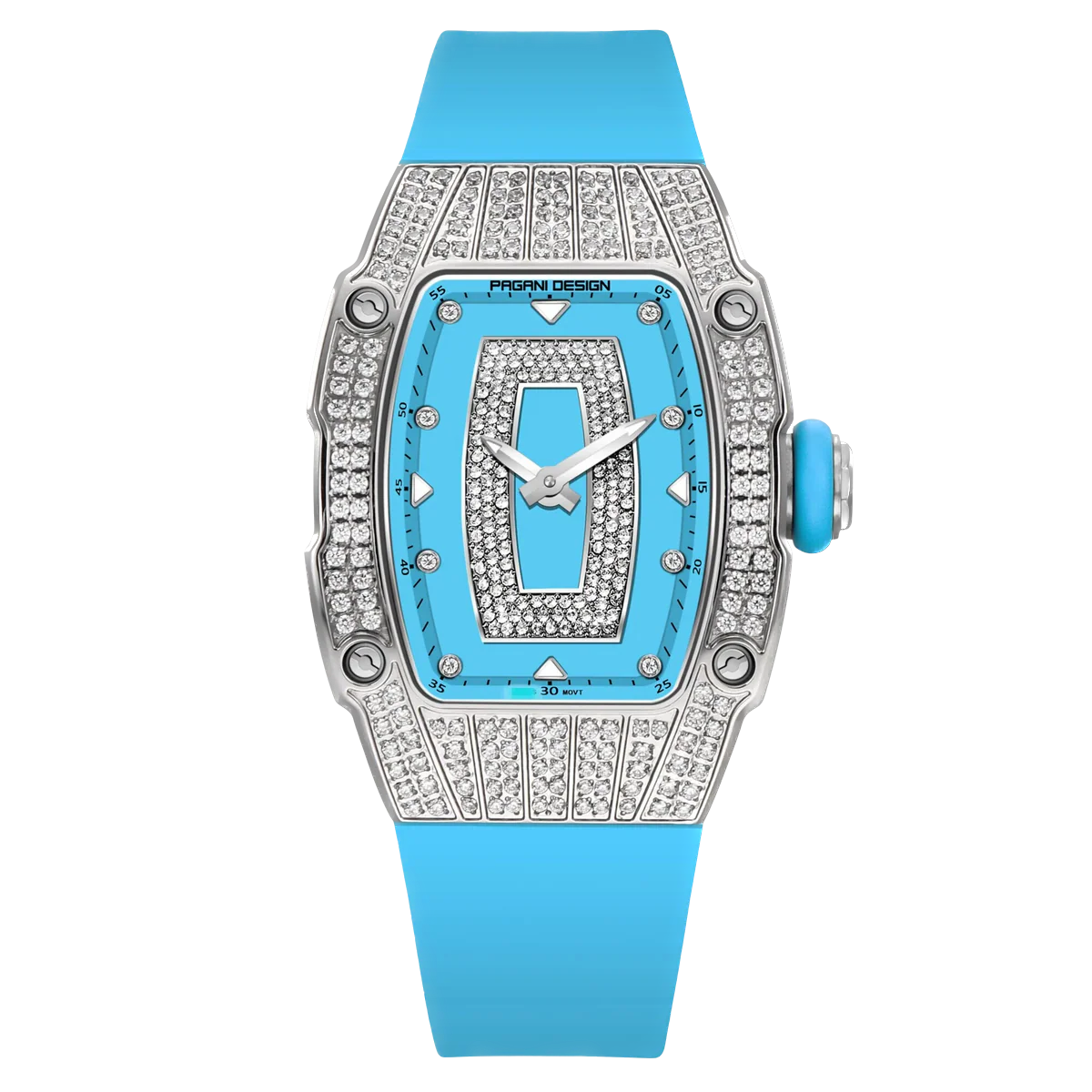 Luxury watch with blue strap and face on a white background