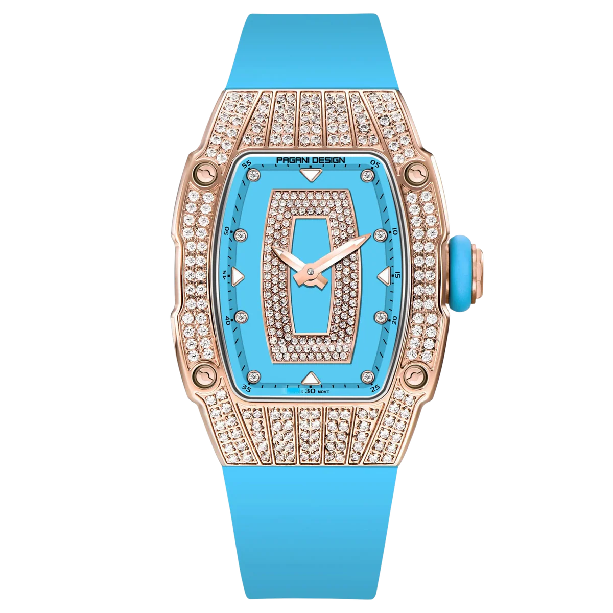 Luxury watch with blue strap and turquoise face on a white background