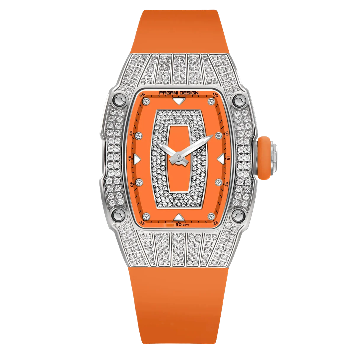 Luxury watch with orange strap and diamond-encrusted case on a white background