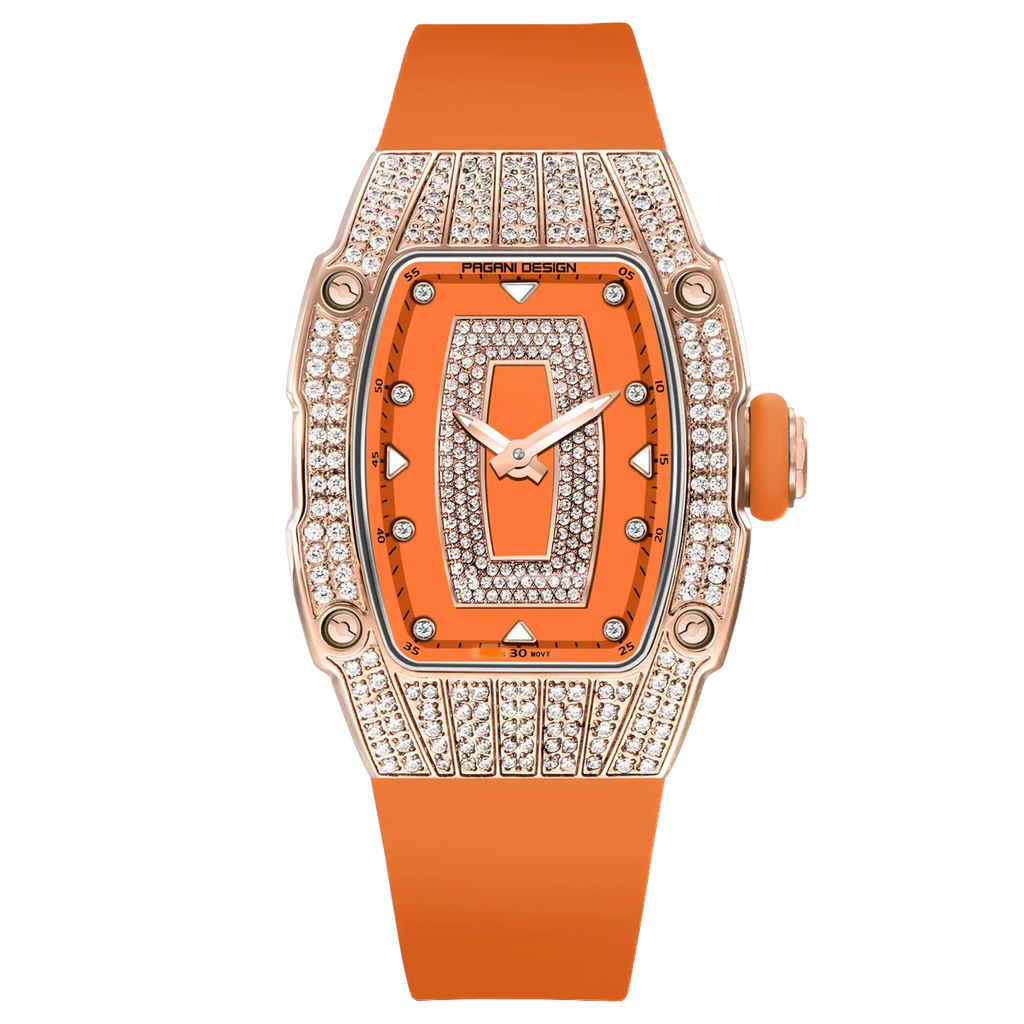 Luxury watch with orange strap and diamond-studded face on a white background