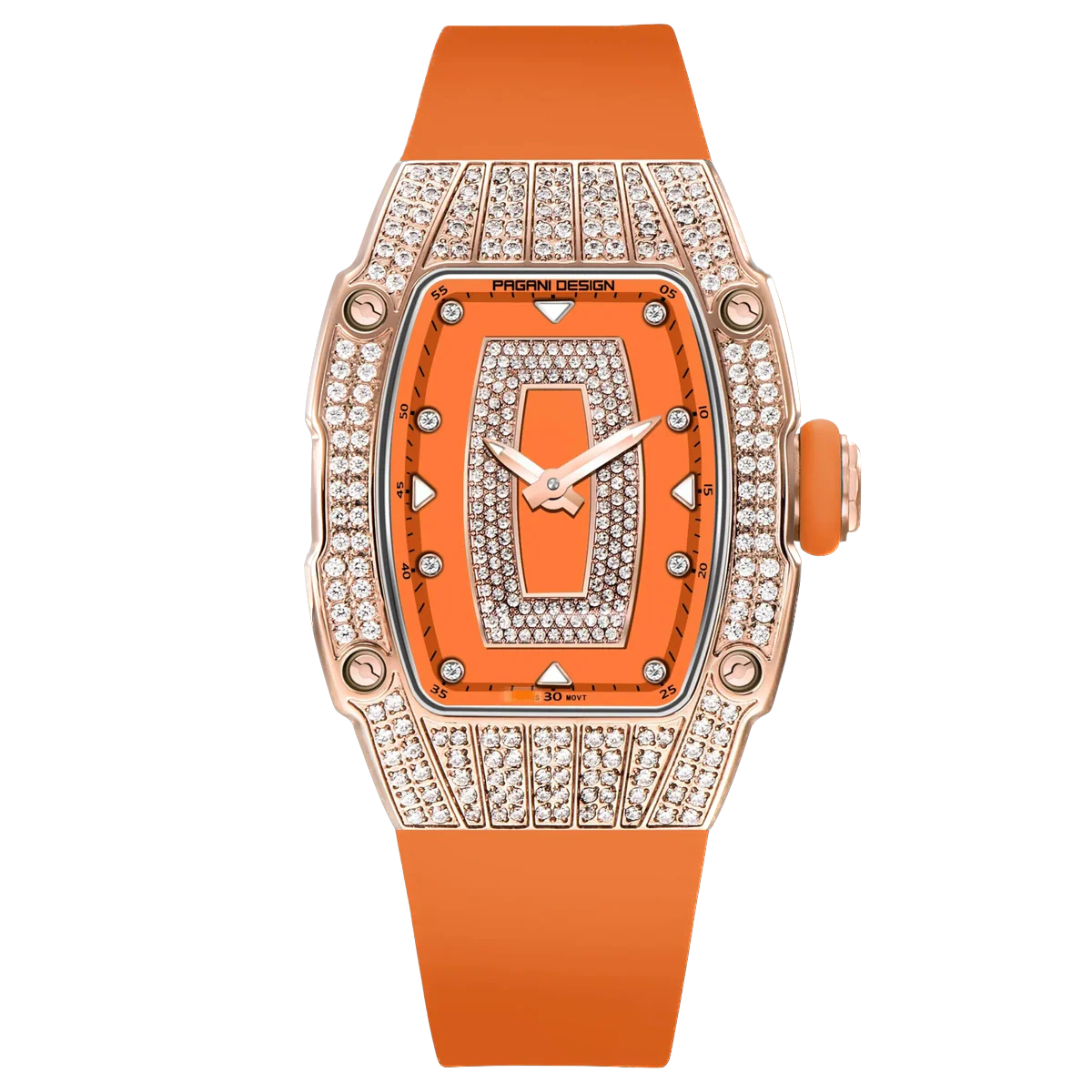 Luxury watch with orange strap and diamond-studded face on a white background