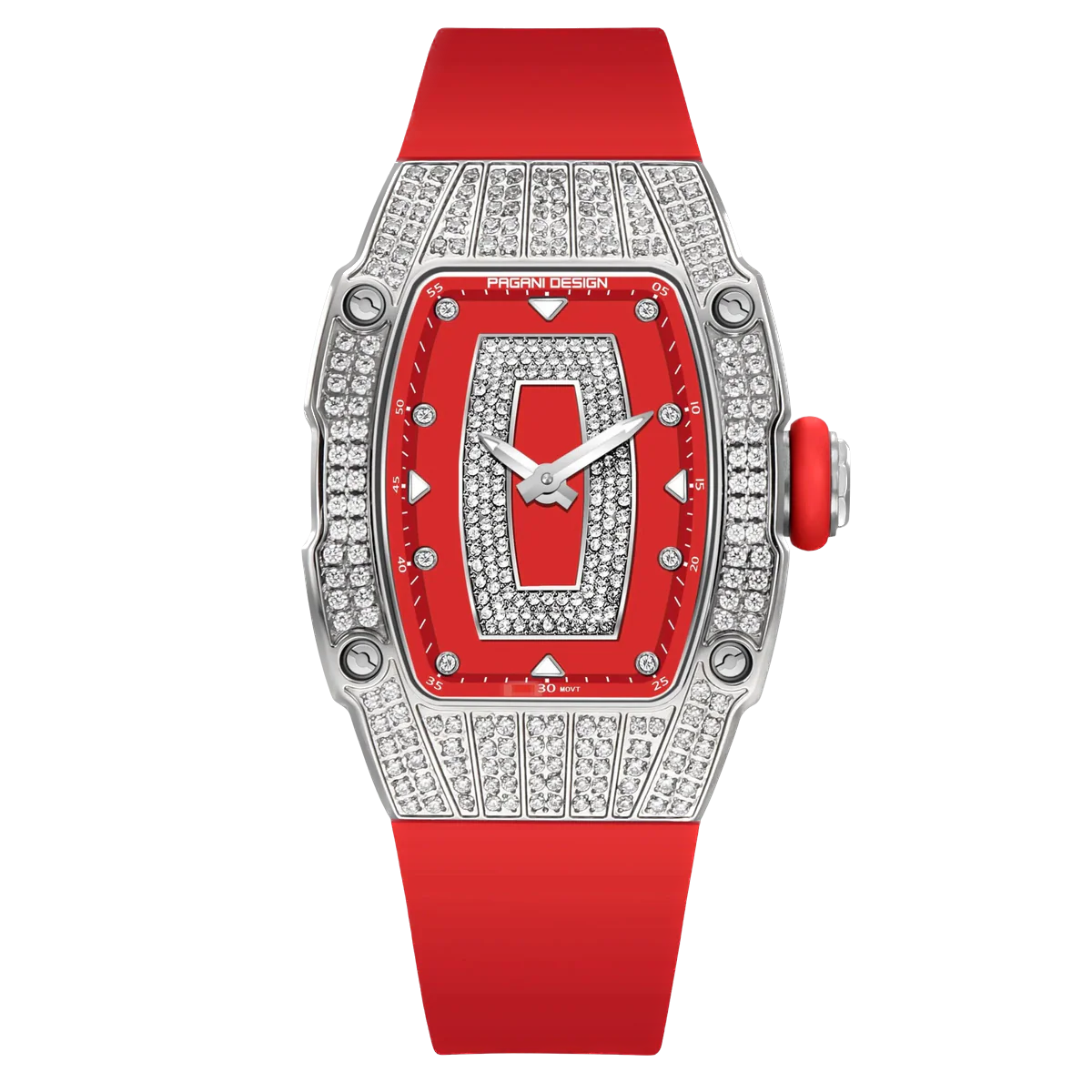 Luxury watch with red strap and diamond-encrusted face on a white background