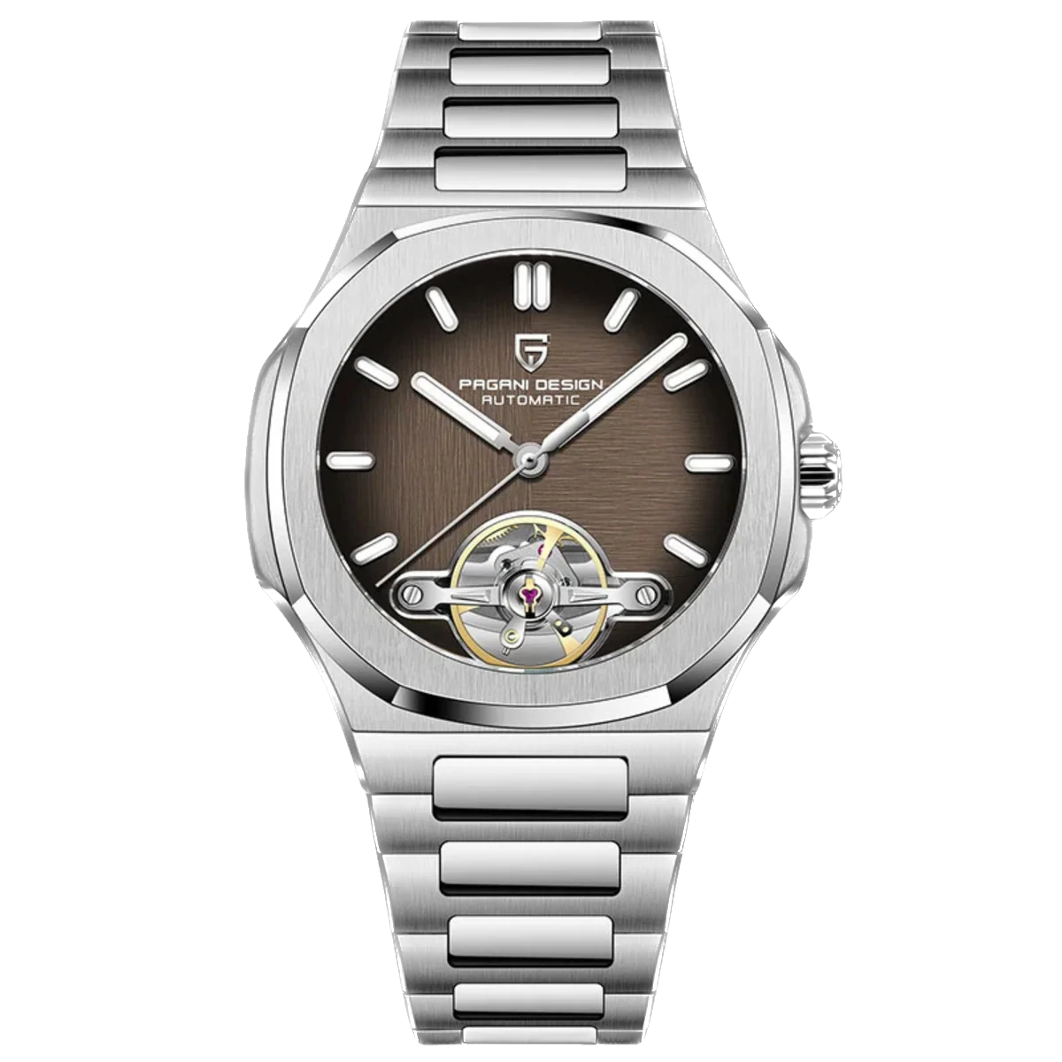 Silver watch with a brown face on a white background