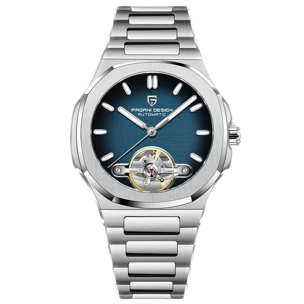 Silver watch with blue face on a white background