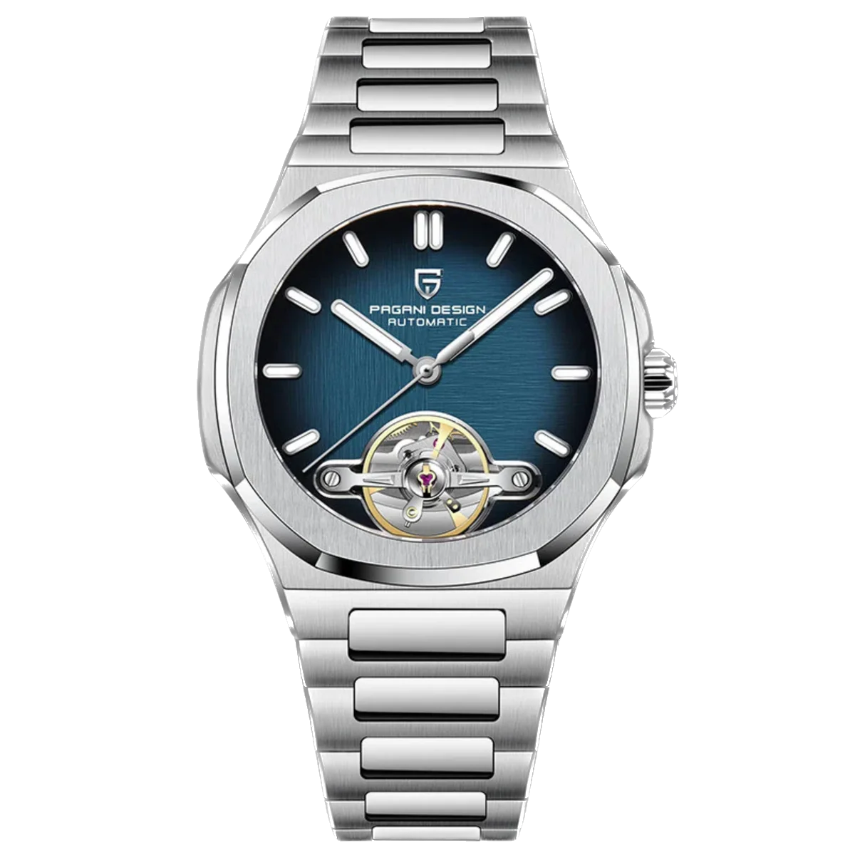 Silver watch with blue face on a white background