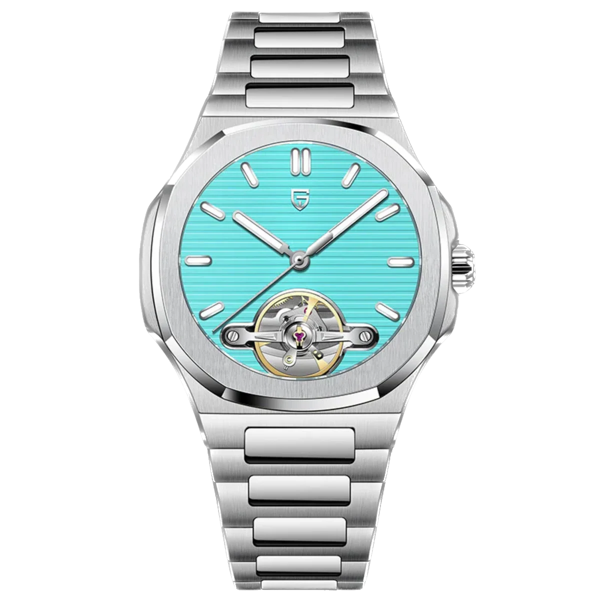 Silver watch with a turquoise face on a white background