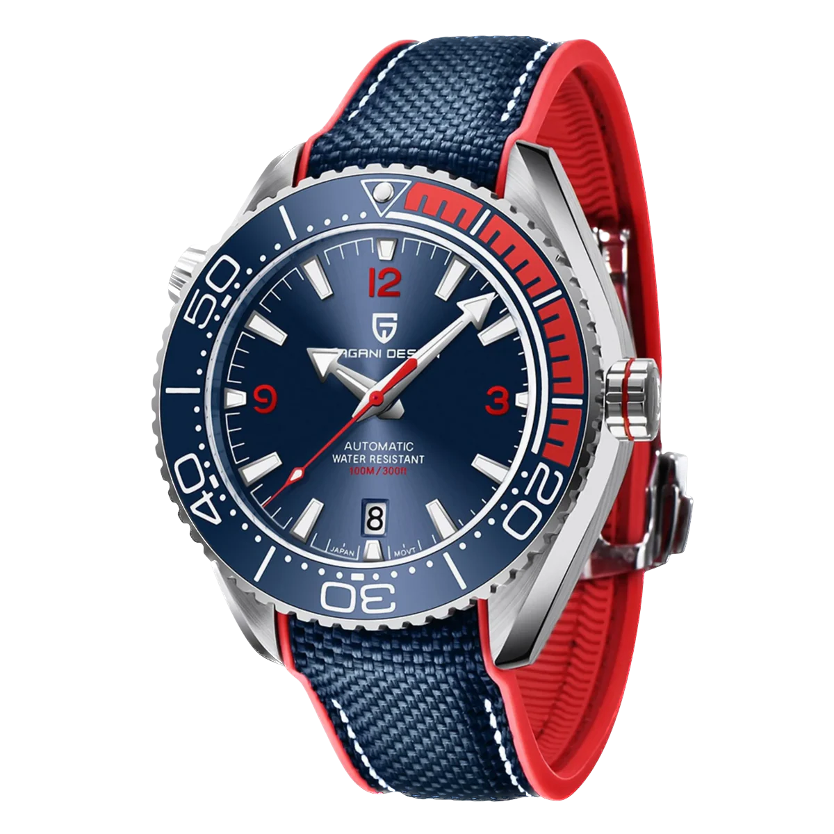 Watch with blue and red strap on a white background
