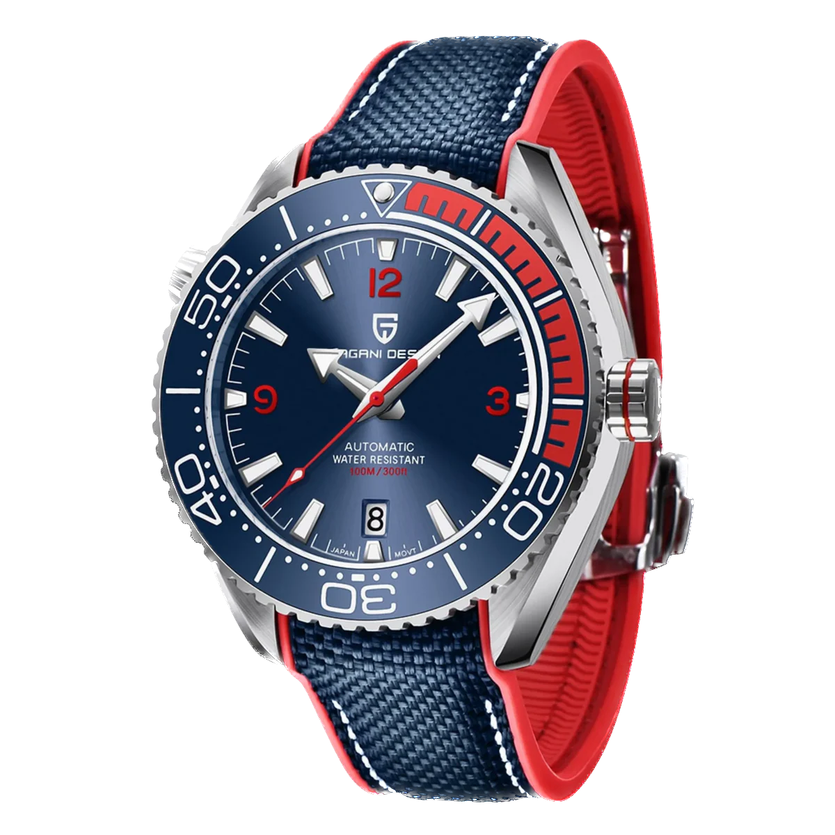 Watch with blue and red strap on a white background