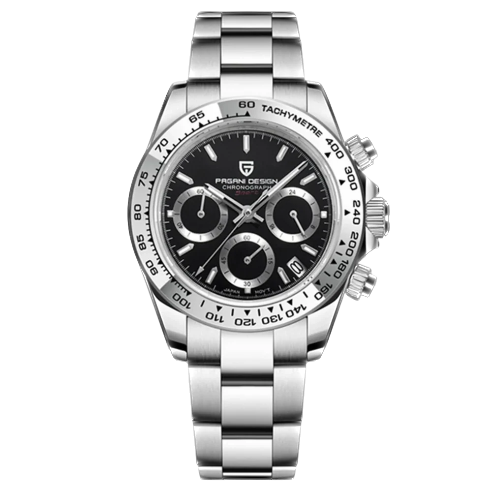 Silver watch with black dial on a white background