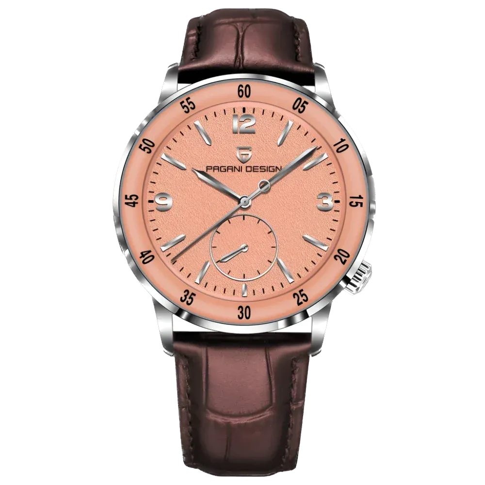 Watch with brown leather strap and pinkish dial on a white background