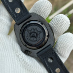 Engraved caseback of the STEELDIVE SD1970X showing the SteelDive diving-helmet emblem