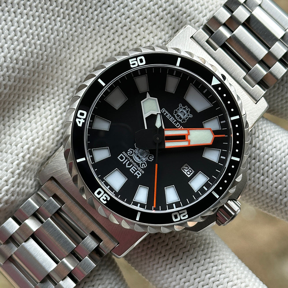 STEELDIVE SD1982F black sandwich dial with orange seconds hand on a steel bracelet