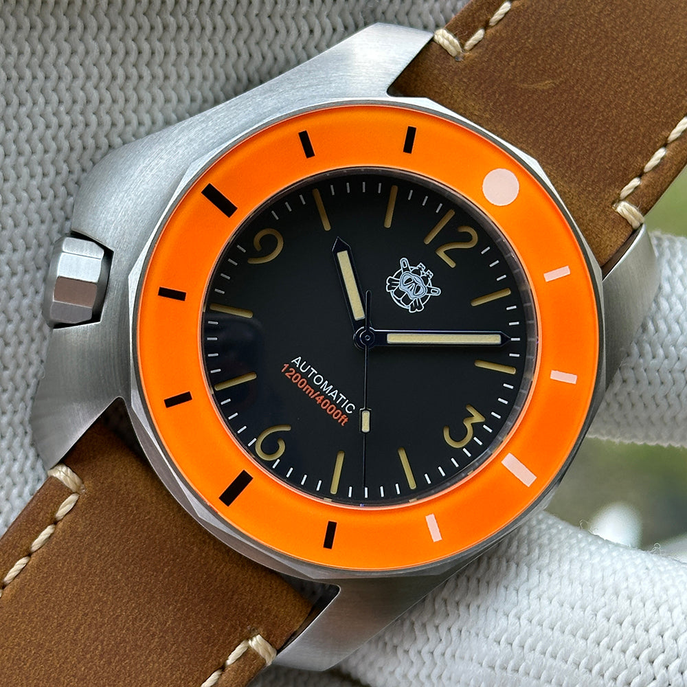 STEELDIVE SD2211 black dial with cream numerals on a light brown leather strap