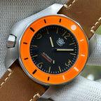 STEELDIVE SD2211 black dial with cream numerals on a light brown leather strap