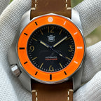 STEELDIVE SD2211 dial close-up on light brown leather, marked Automatic 1200m 4000ft