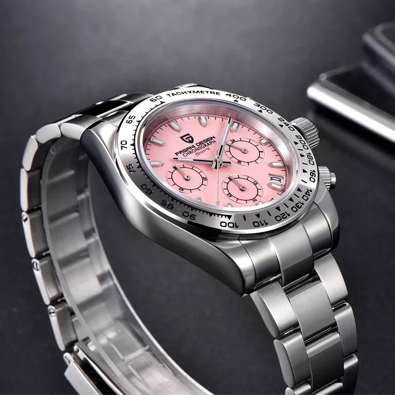 Silver watch with a pink face on a dark background