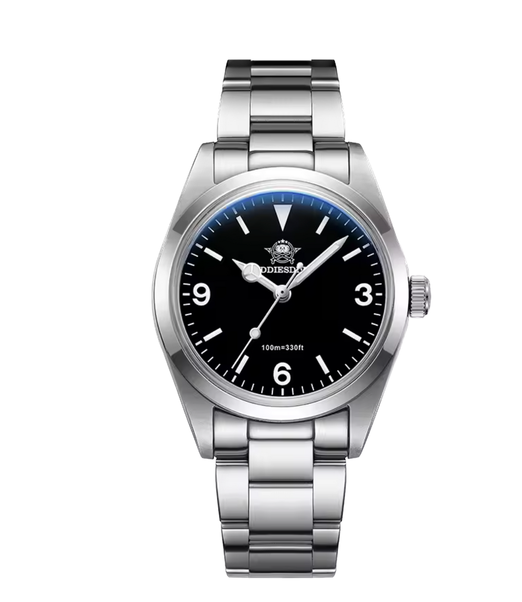 Silver watch with black dial on a white background