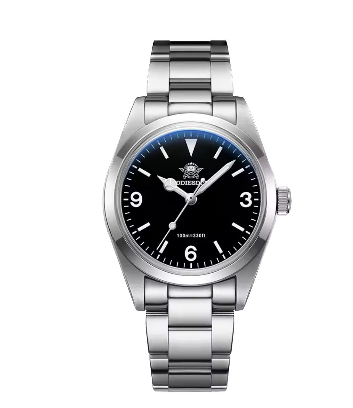Silver watch with black dial on a white background