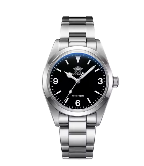 Silver watch with black dial on a white background