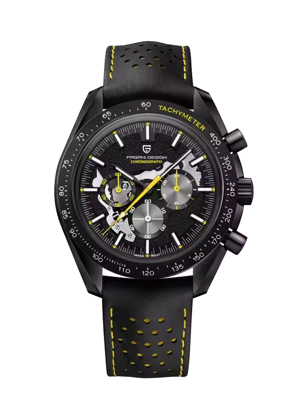 Black wristwatch with yellow accents on a white background
