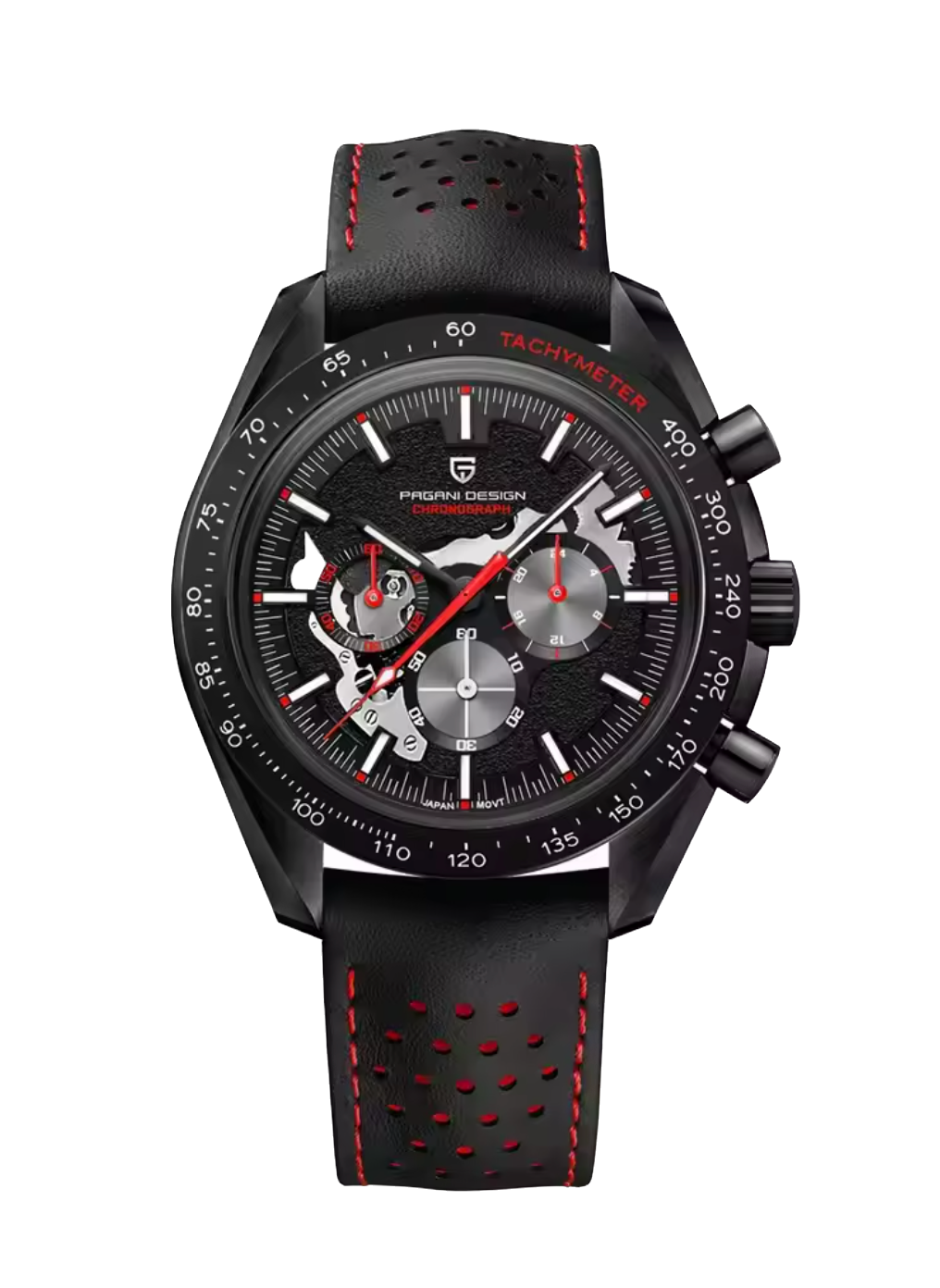 Black watch with red accents on a white background