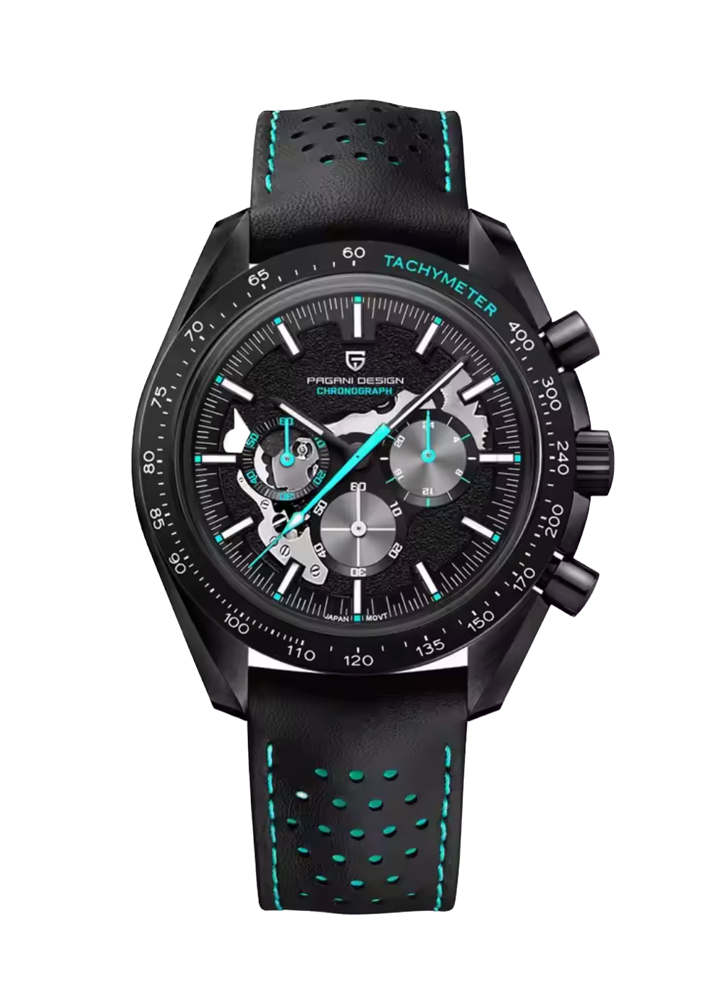 Black watch with green accents on a white background
