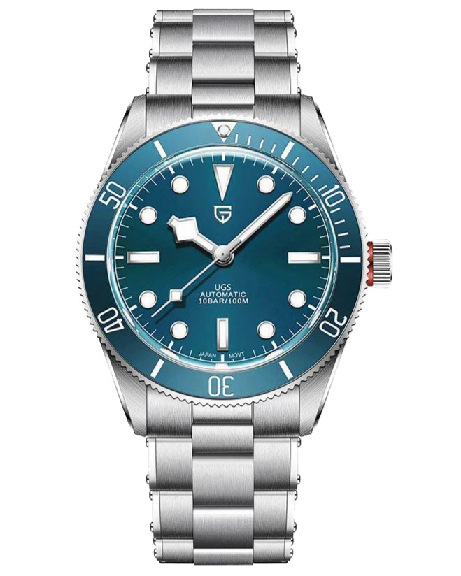 Watch with blue dial and silver bracelet on a white background
