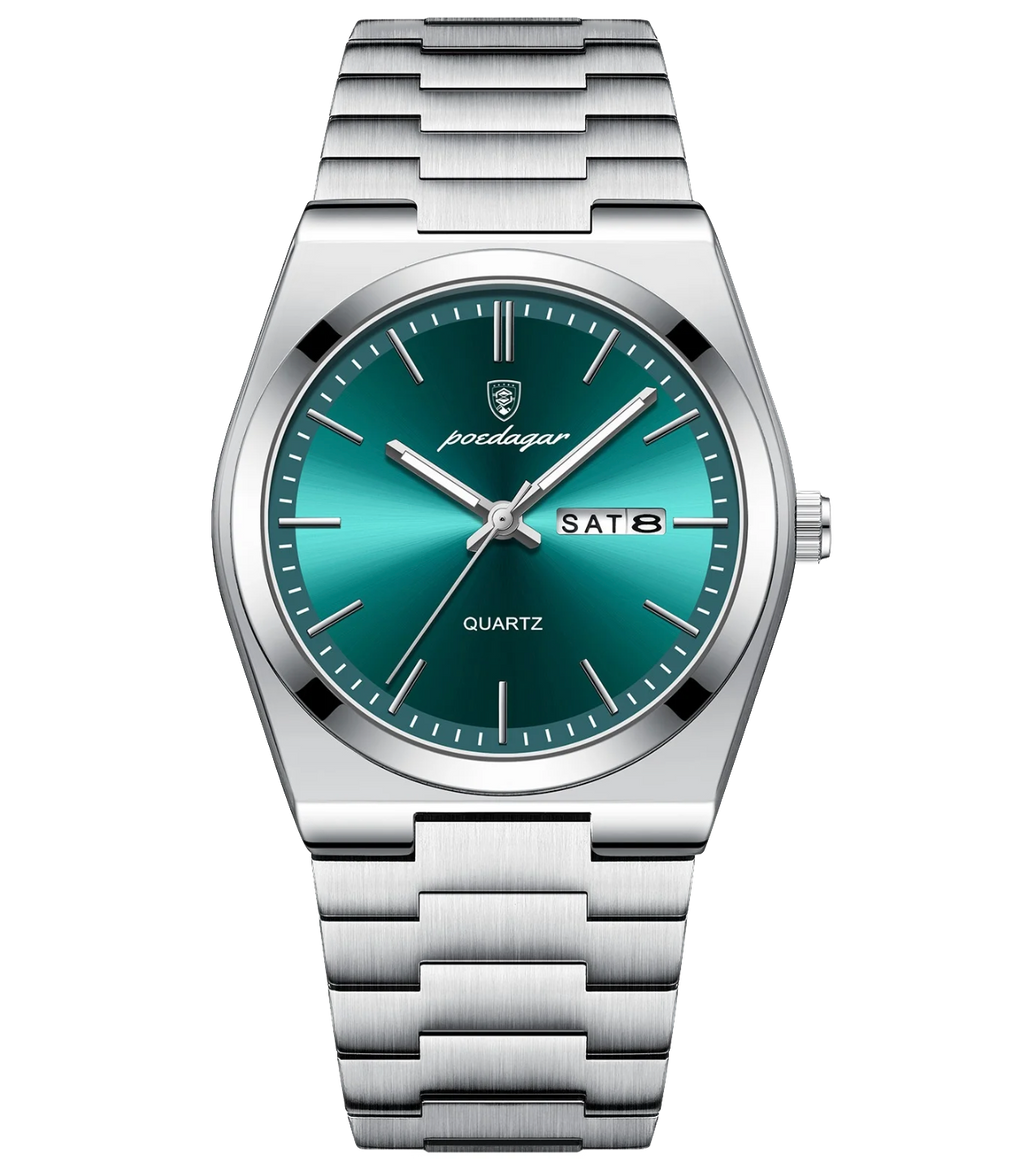 Silver watch with a teal face on a white background