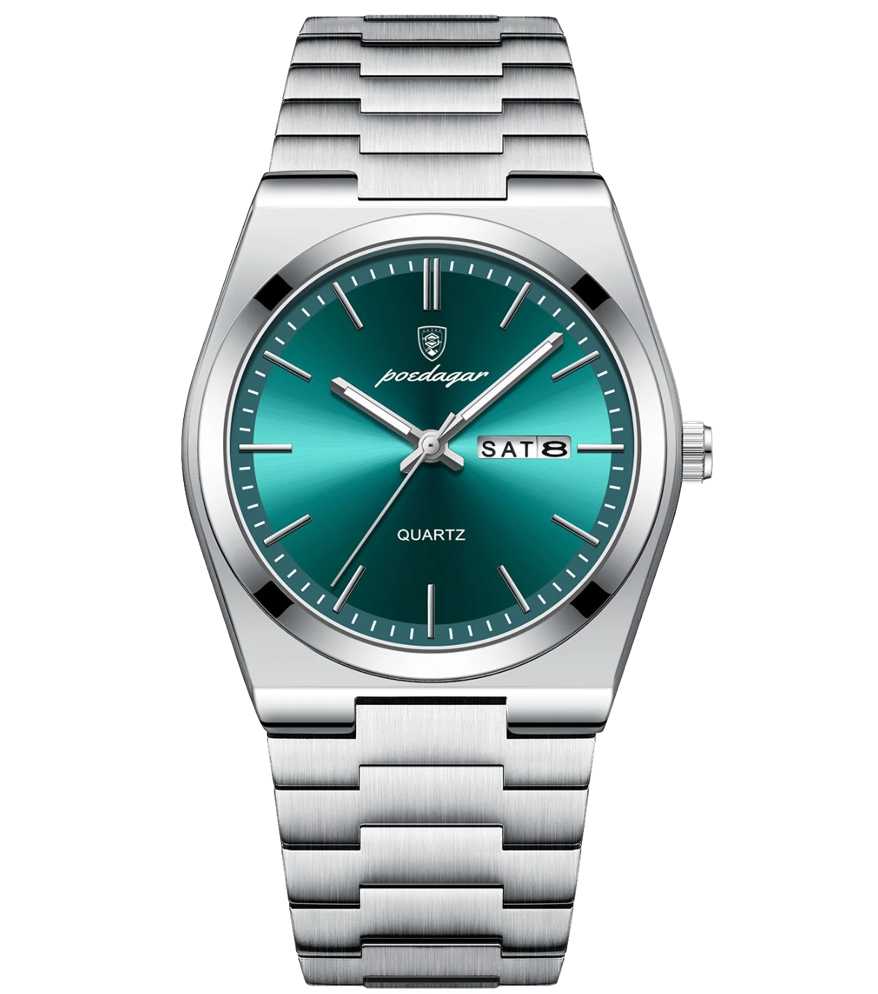 Silver watch with a teal face on a white background