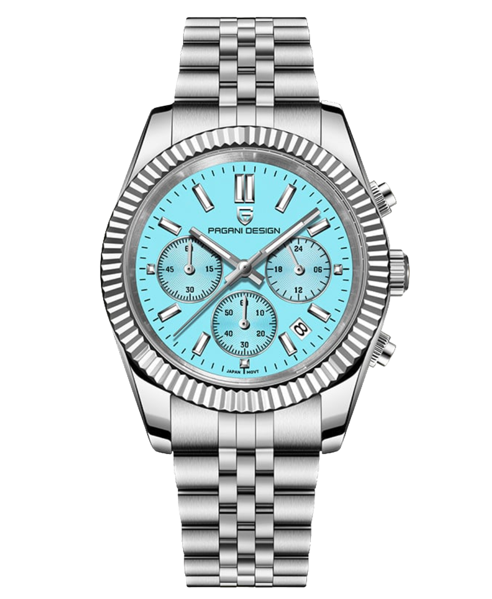 Silver watch with a blue face on a white background