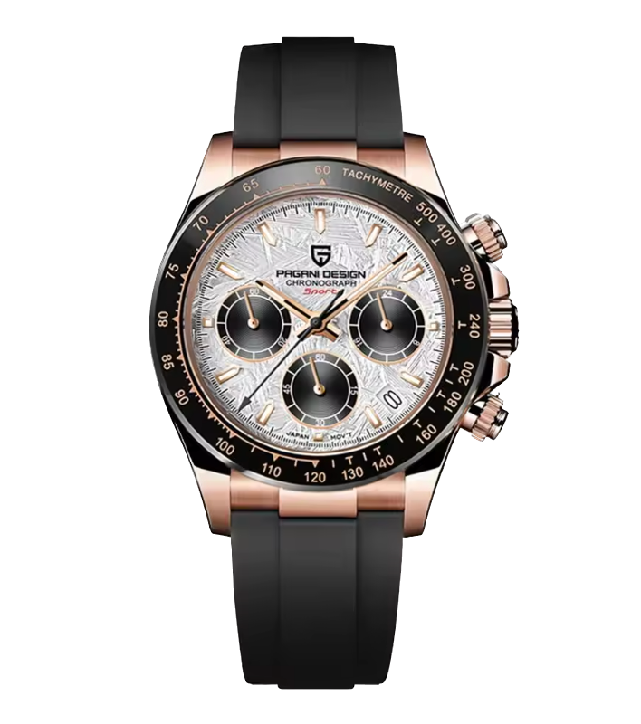 Luxury watch with black strap and rose gold casing on a white background
