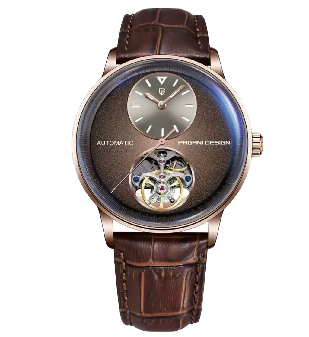 Watch with brown leather strap and visible brand name on a white background