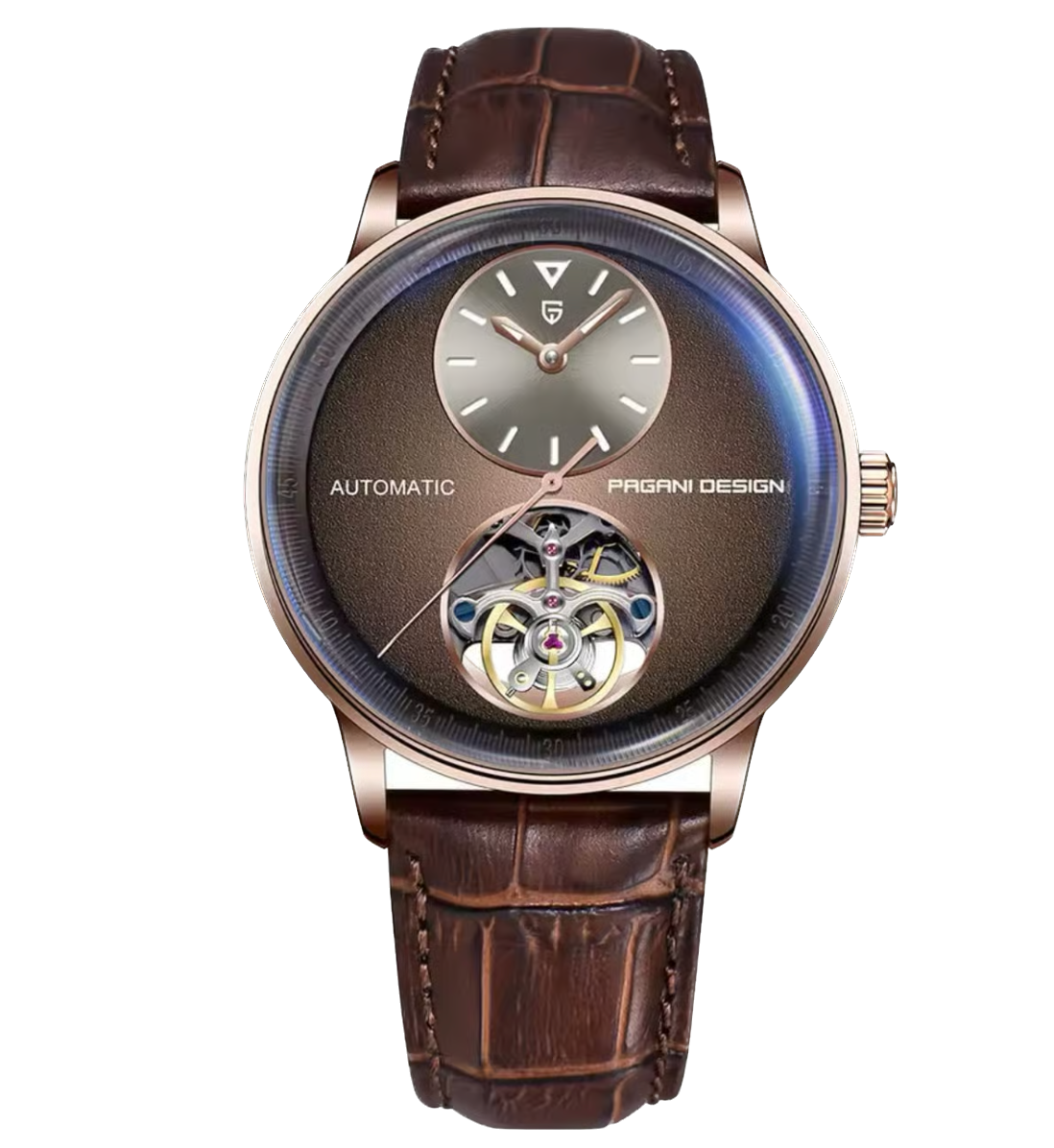 Watch with brown leather strap and visible brand name on a white background