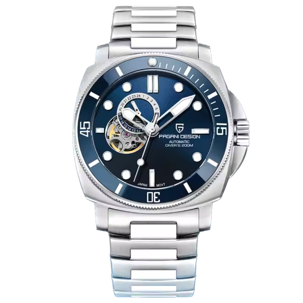 Silver watch with blue dial on a white background