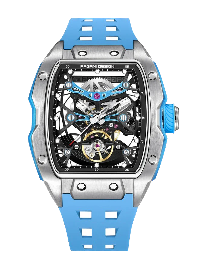 Luxury watch with blue strap and intricate face on a white background