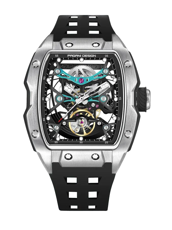 Luxury watch with black strap and intricate design on a white background
