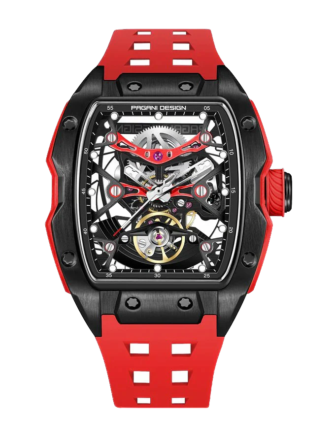 Watch with red and black strap on a white background