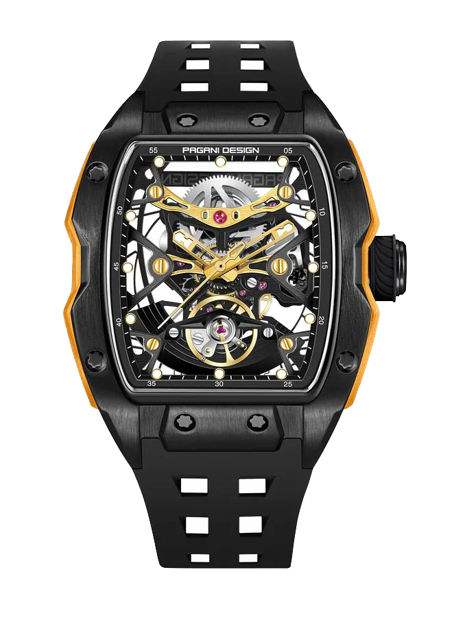 Luxury watch with black and orange design on a white background