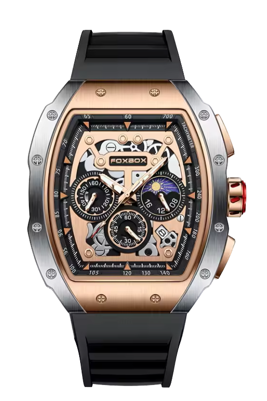 Luxury watch with black strap and rose gold case on white background