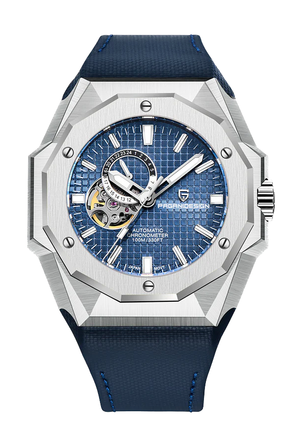 Luxury watch with blue face and strap on a white background
