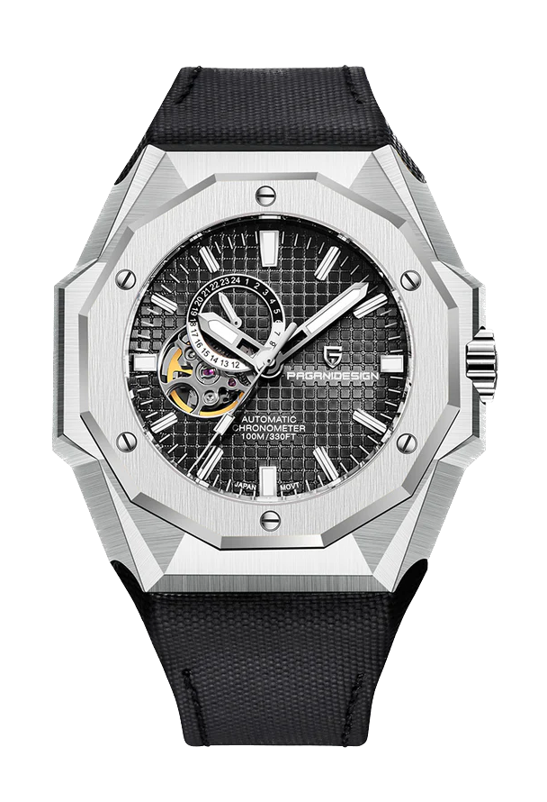 Luxury watch with a black strap and silver case on a white background
