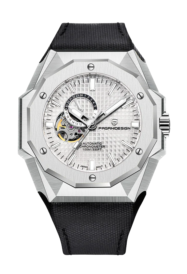 Luxury watch with a black strap and silver case on a white background