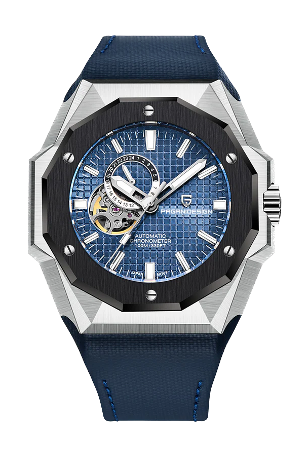 Luxury watch with blue face and strap on a white background