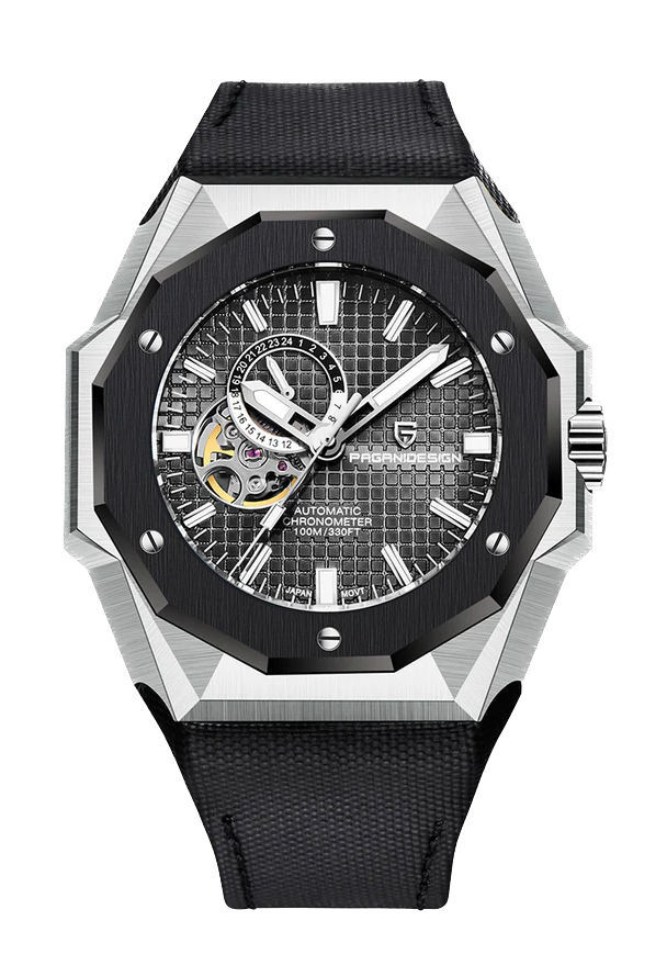 Luxury watch with black strap and detailed face on a white background