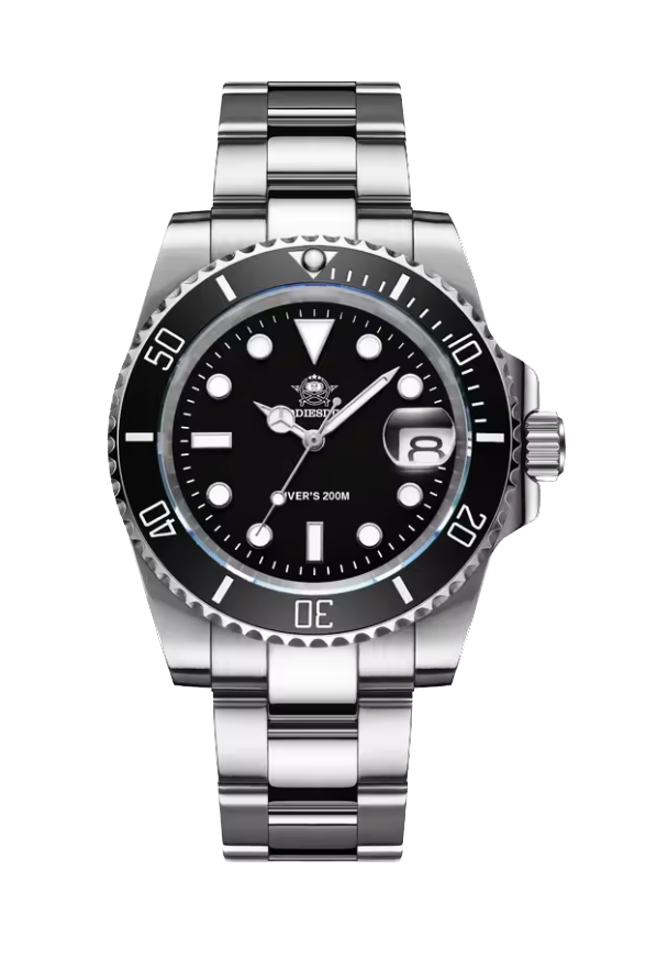 Silver watch with black dial on a white background