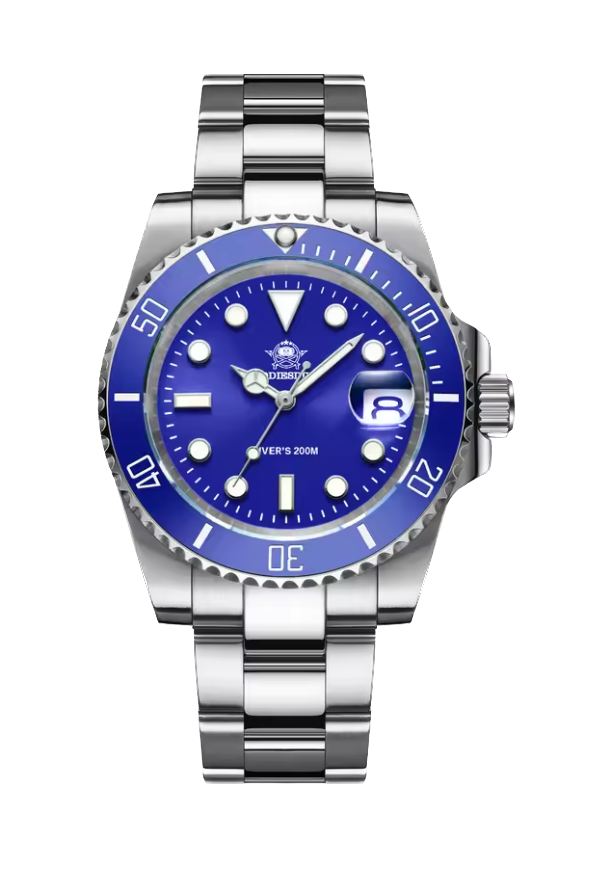 Watch with blue dial and silver metal strap on a white background