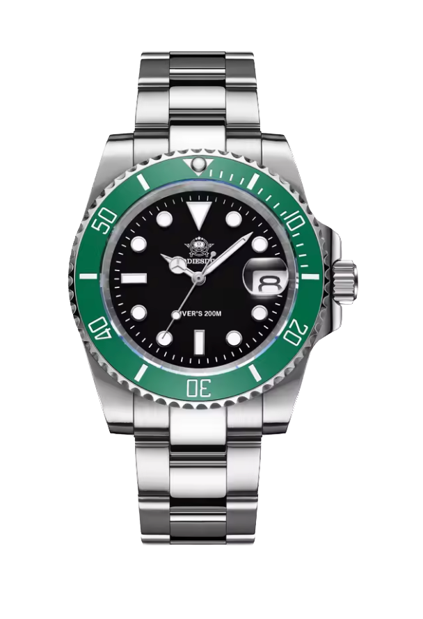 Watch with green bezel and black face on a white background