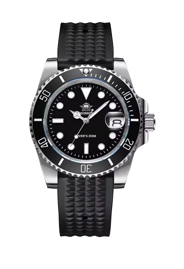 Black wristwatch with a detailed face on a white background