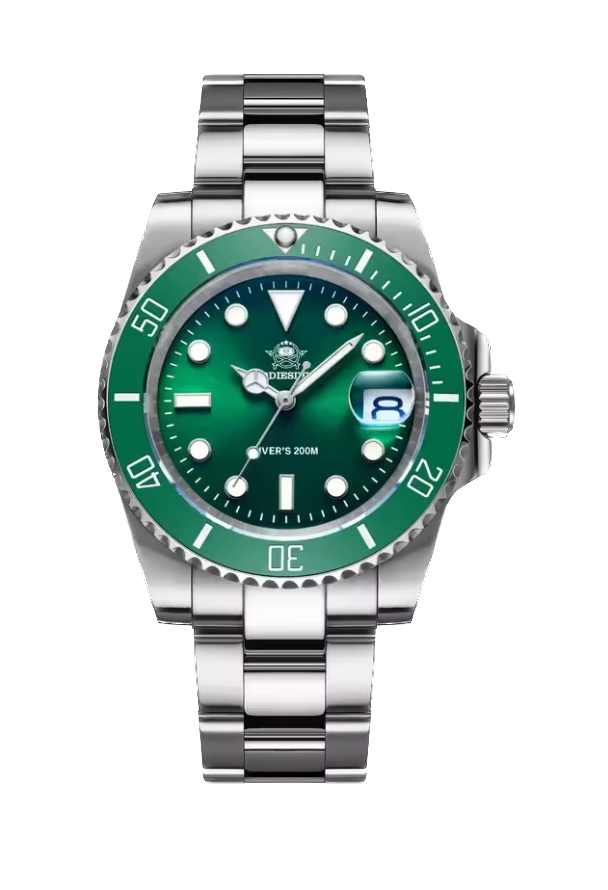 Green watch with silver case and band on a white background