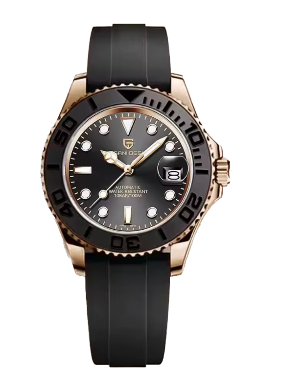 Luxury watch with black strap and rose gold case on white background